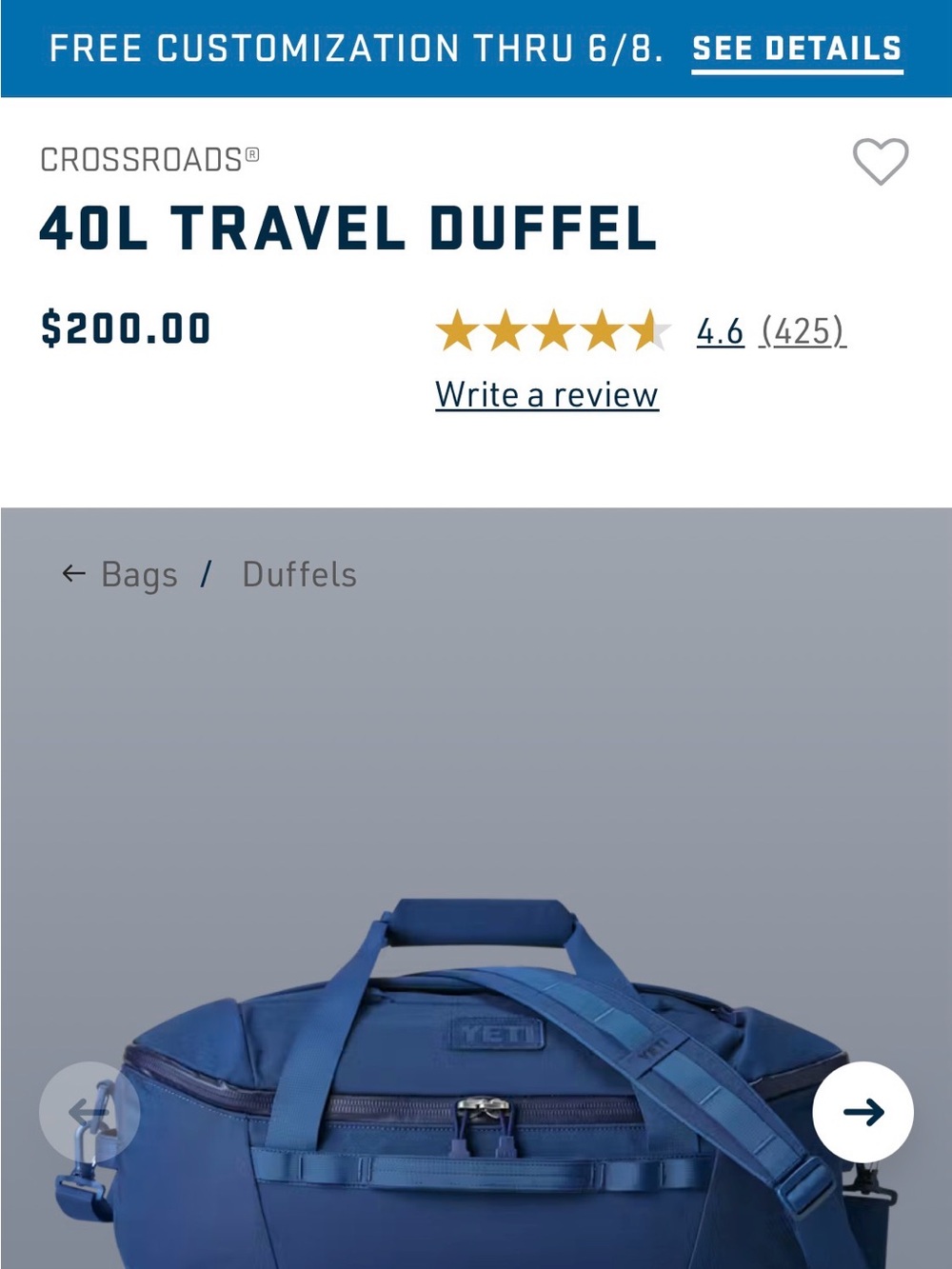Yeti Blue 40L Travel Duffel